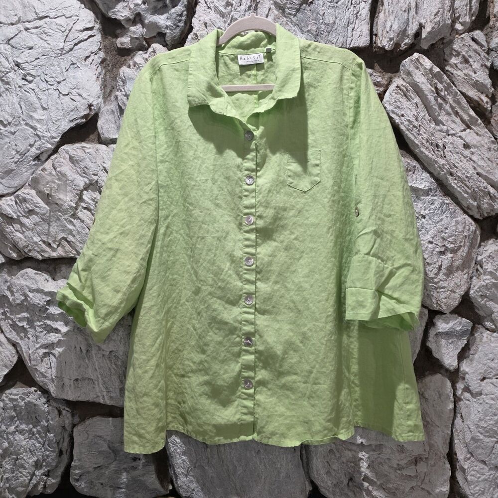Habitat 100% Linen Shirt Green 3/4 Womens XL Relaxed Button Up Coastal Beach